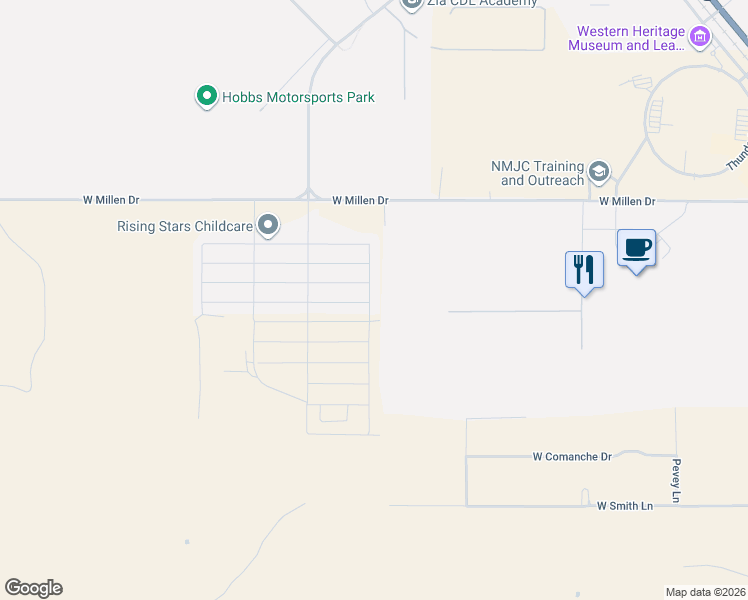 map of restaurants, bars, coffee shops, grocery stores, and more near 3901 West Millen Drive in Hobbs