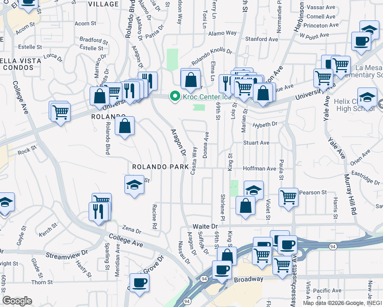 map of restaurants, bars, coffee shops, grocery stores, and more near 4019 Casita Way in San Diego