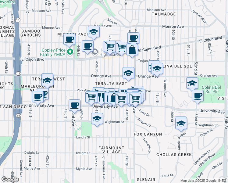 map of restaurants, bars, coffee shops, grocery stores, and more near 4018 Menlo Avenue in San Diego