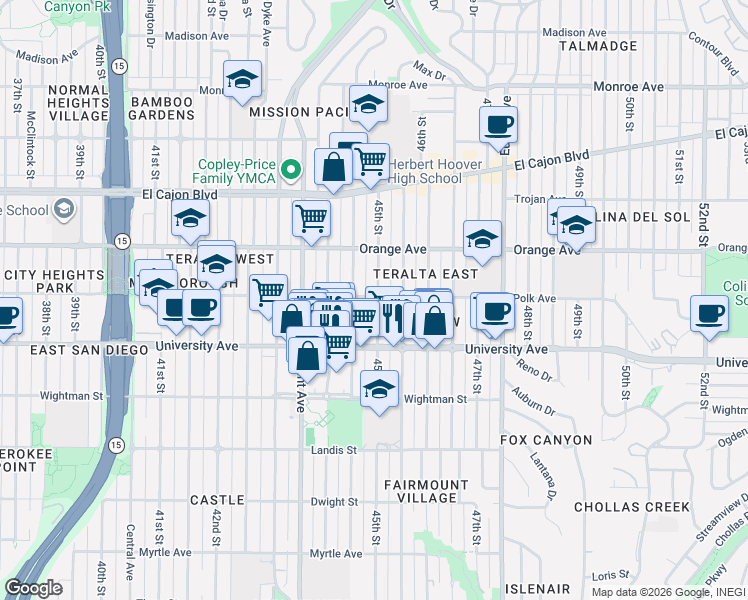 map of restaurants, bars, coffee shops, grocery stores, and more near 4079 45th Street in San Diego