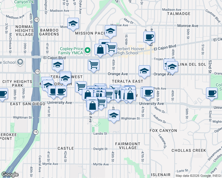 map of restaurants, bars, coffee shops, grocery stores, and more near 4079 45th Street in San Diego