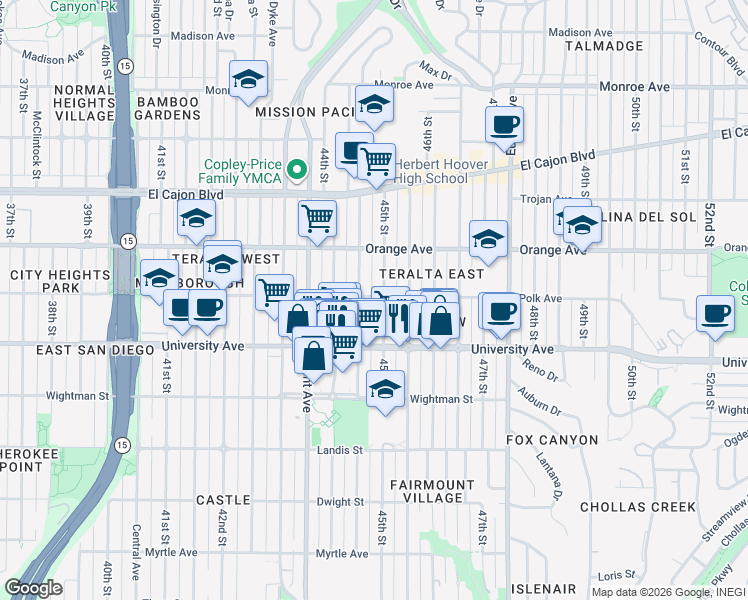 map of restaurants, bars, coffee shops, grocery stores, and more near 4079 45th Street in San Diego