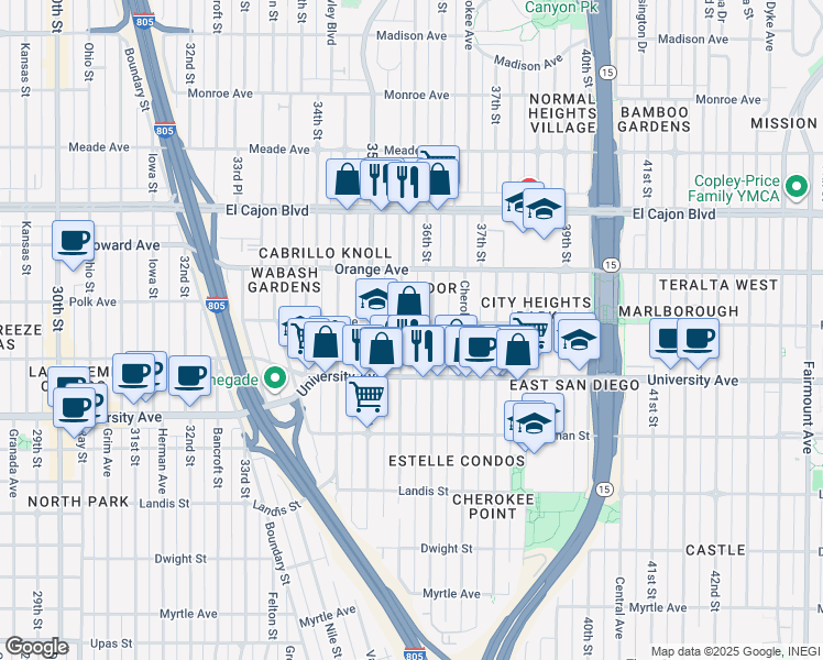 map of restaurants, bars, coffee shops, grocery stores, and more near 4073 Wilson Avenue in San Diego