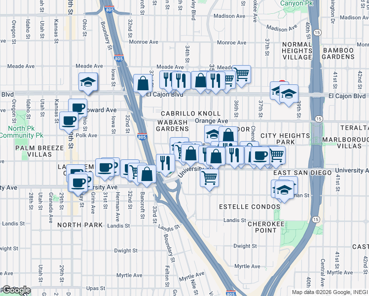 map of restaurants, bars, coffee shops, grocery stores, and more near 4064 Laverne Place in San Diego