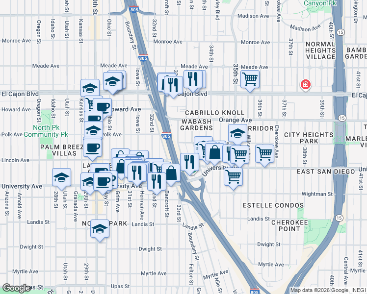 map of restaurants, bars, coffee shops, grocery stores, and more near 4035 33rd Street in San Diego