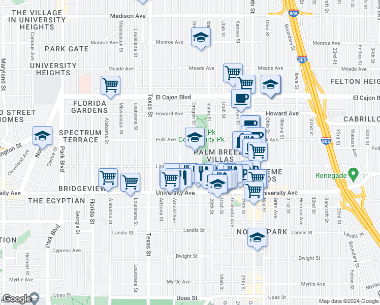 map of restaurants, bars, coffee shops, grocery stores, and more near 4041 Oregon Street in San Diego