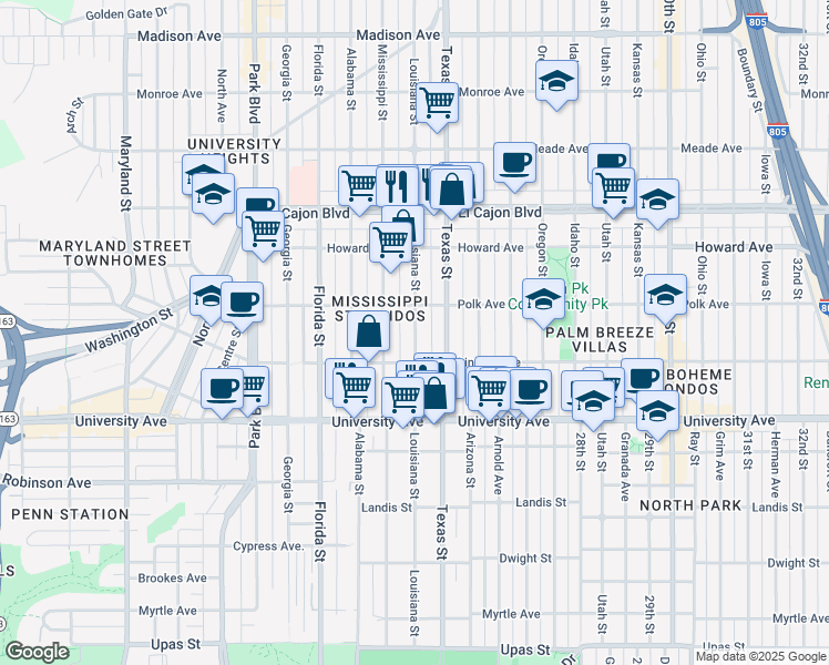 map of restaurants, bars, coffee shops, grocery stores, and more near 4033 Louisiana Street in San Diego
