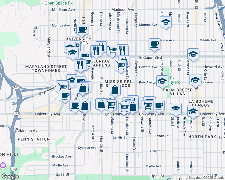 map of restaurants, bars, coffee shops, grocery stores, and more near 4025 Alabama Street in San Diego