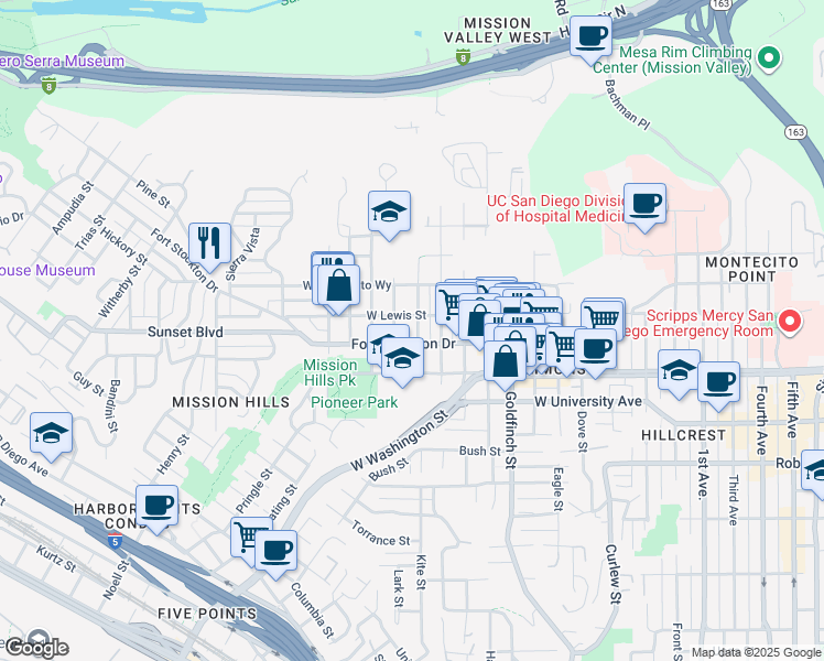 map of restaurants, bars, coffee shops, grocery stores, and more near 1318 Fort Stockton Drive in San Diego