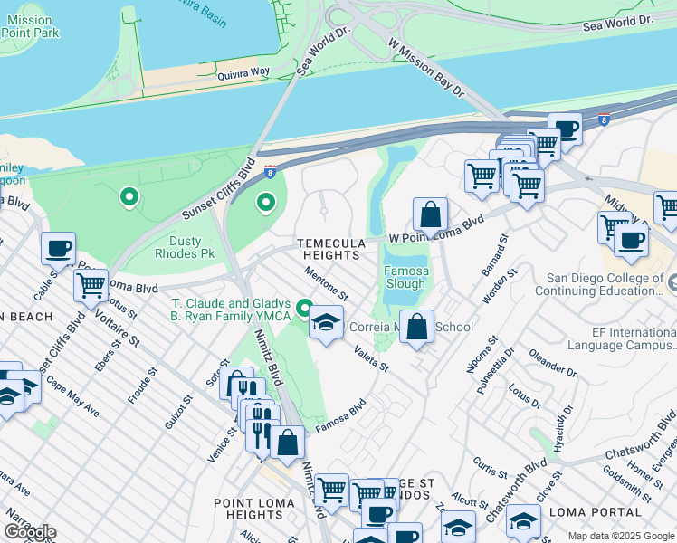 map of restaurants, bars, coffee shops, grocery stores, and more near 4359 Temecula Street in San Diego