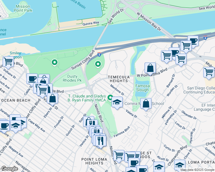 map of restaurants, bars, coffee shops, grocery stores, and more near 4453 Montalvo Street in San Diego