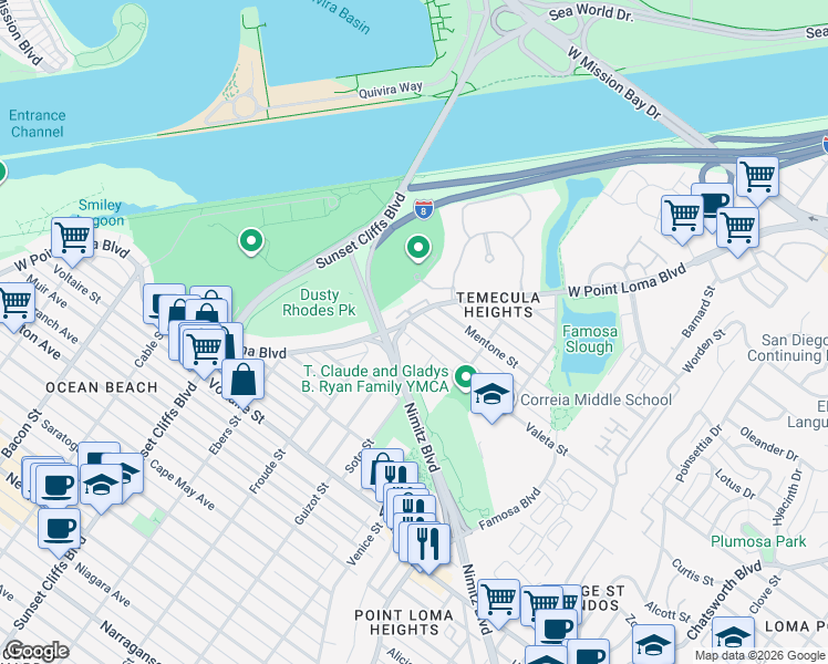 map of restaurants, bars, coffee shops, grocery stores, and more near in San Diego