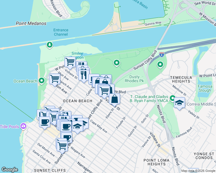 map of restaurants, bars, coffee shops, grocery stores, and more near 4825 West Point Loma Boulevard in San Diego
