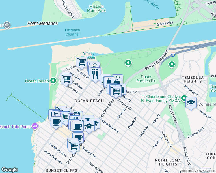 map of restaurants, bars, coffee shops, grocery stores, and more near 4896 Voltaire Street in San Diego
