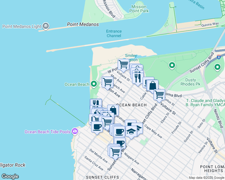 map of restaurants, bars, coffee shops, grocery stores, and more near 5050 Brighton Avenue in San Diego