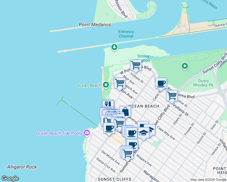 map of restaurants, bars, coffee shops, grocery stores, and more near 5155 Cape May Avenue in San Diego