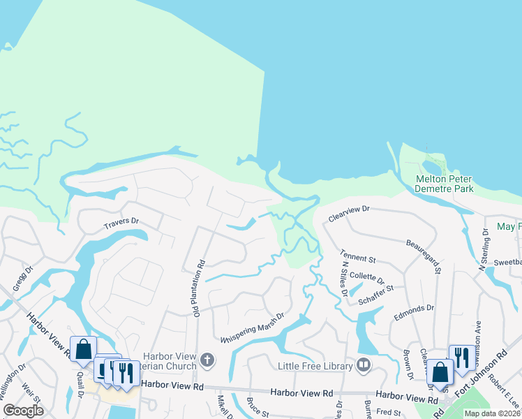 map of restaurants, bars, coffee shops, grocery stores, and more near 919 Paul Revere Drive in Charleston