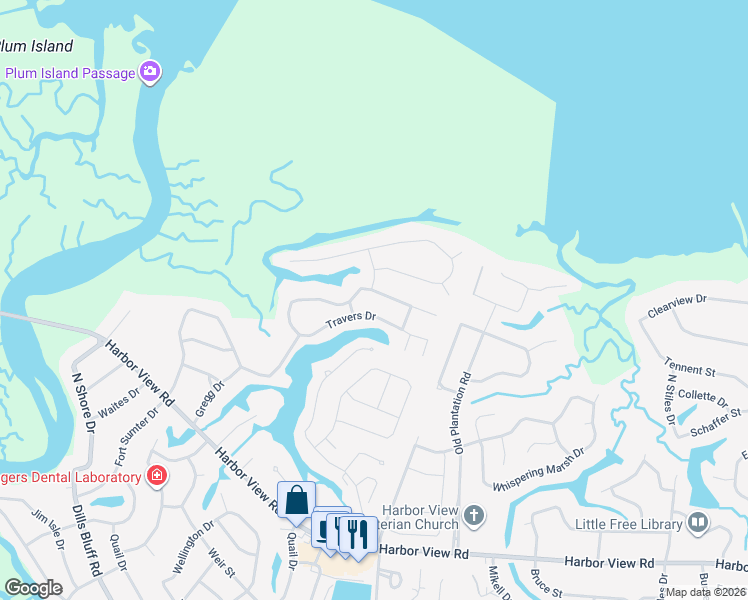 map of restaurants, bars, coffee shops, grocery stores, and more near 980 Travers Drive in Charleston