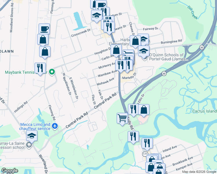 map of restaurants, bars, coffee shops, grocery stores, and more near 1721 Mcleod Avenue in Charleston