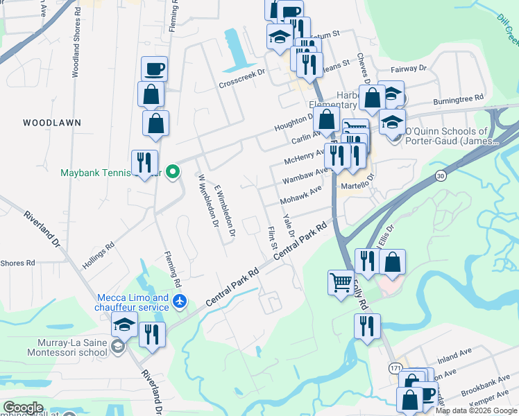 map of restaurants, bars, coffee shops, grocery stores, and more near 601 Flint Street in Charleston