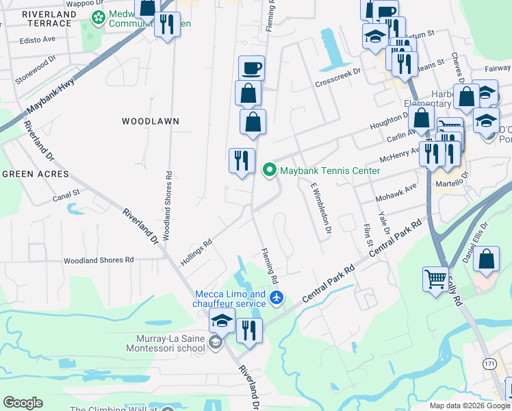 map of restaurants, bars, coffee shops, grocery stores, and more near 1903 Houghton Drive in Charleston