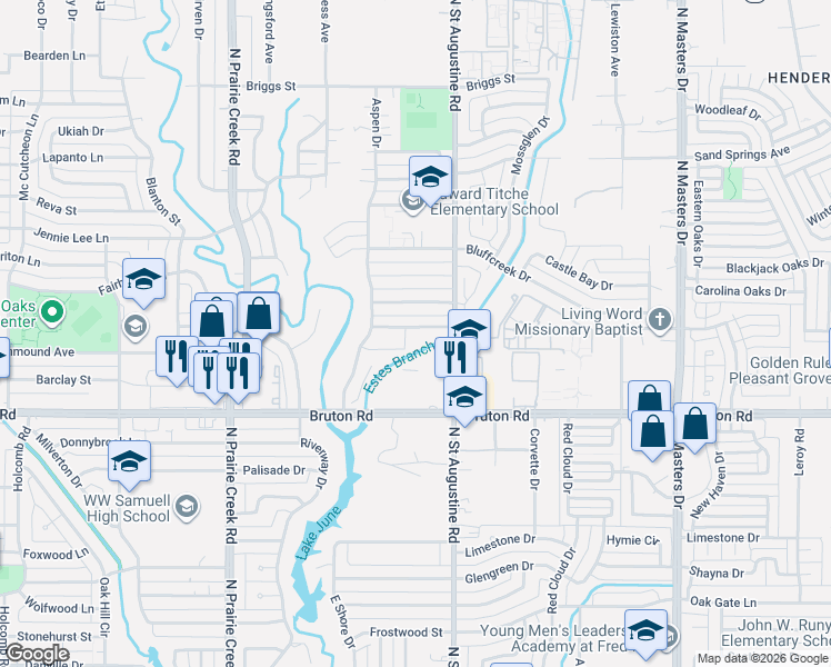 map of restaurants, bars, coffee shops, grocery stores, and more near 9498 Olde Towne Row in Dallas