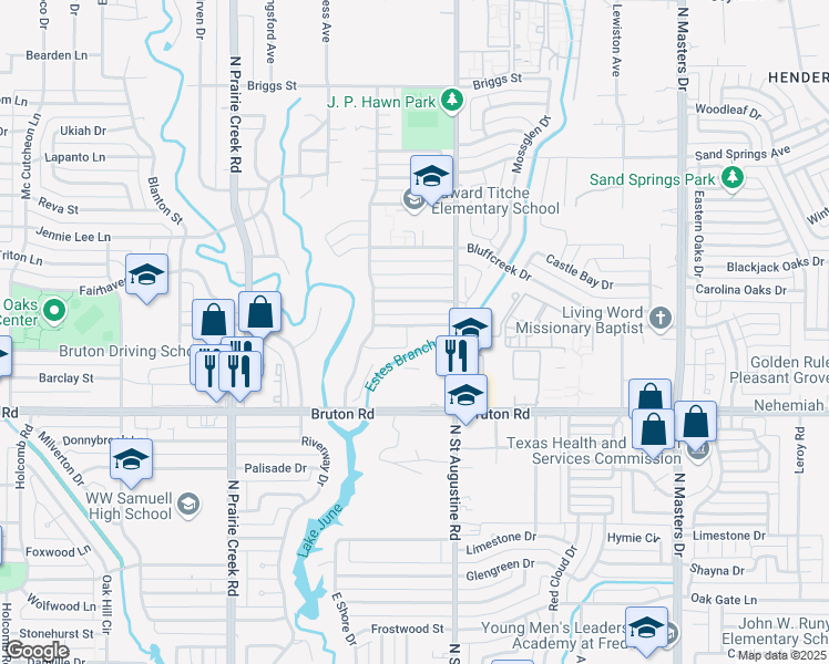 map of restaurants, bars, coffee shops, grocery stores, and more near 9498 Olde Towne Row in Dallas