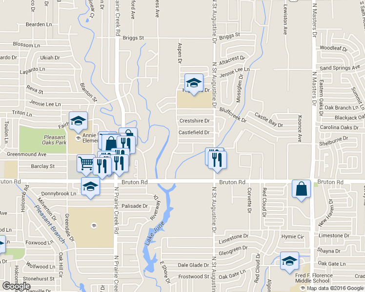 map of restaurants, bars, coffee shops, grocery stores, and more near 2246 Aspen Drive in Dallas