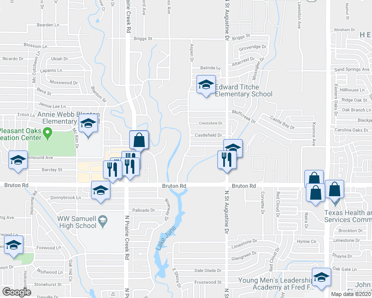 map of restaurants, bars, coffee shops, grocery stores, and more near 2248 Aspen Drive in Dallas