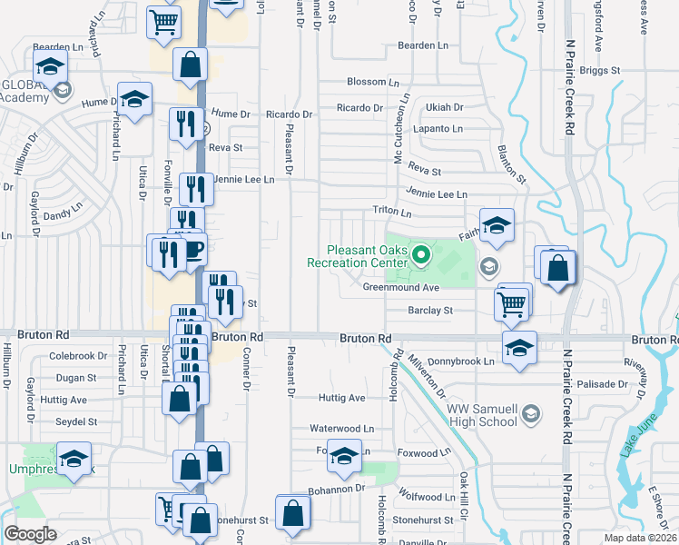 map of restaurants, bars, coffee shops, grocery stores, and more near 2230 Scammel Drive in Dallas
