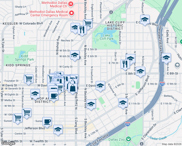 map of restaurants, bars, coffee shops, grocery stores, and more near 707 North Crawford Street in Dallas