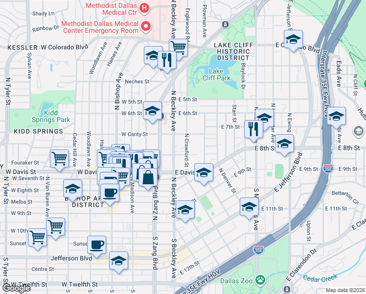 map of restaurants, bars, coffee shops, grocery stores, and more near 707 North Crawford Street in Dallas