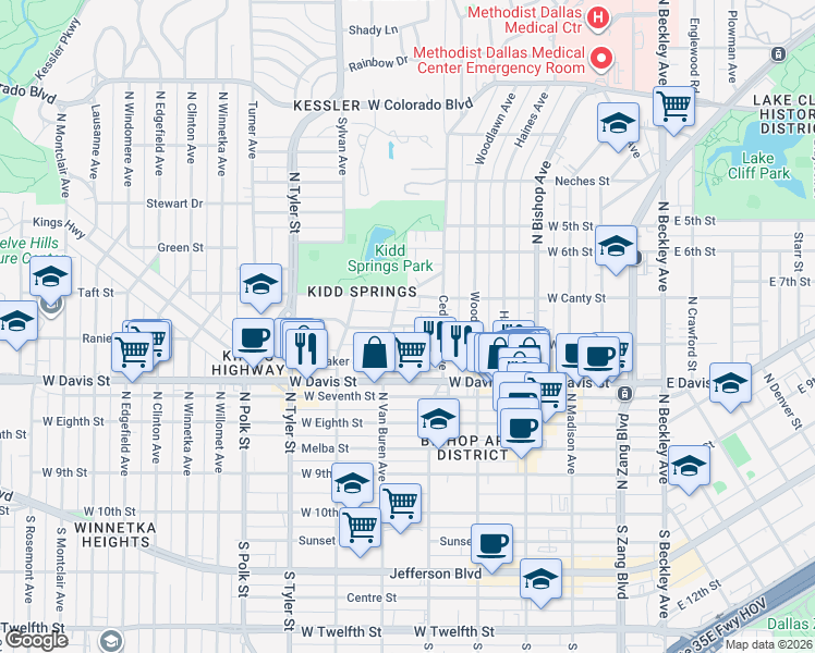 map of restaurants, bars, coffee shops, grocery stores, and more near 620 Winston Street in Dallas