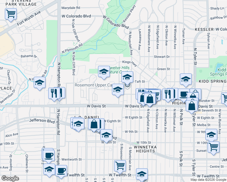 map of restaurants, bars, coffee shops, grocery stores, and more near 1838 Stevens Bluff Lane in Dallas