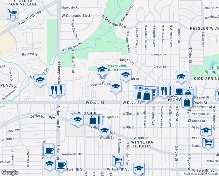 map of restaurants, bars, coffee shops, grocery stores, and more near 1838 Stevens Bluff Lane in Dallas