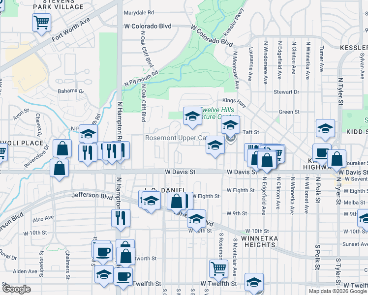 map of restaurants, bars, coffee shops, grocery stores, and more near 1922 Kessler Heights Lane in Dallas