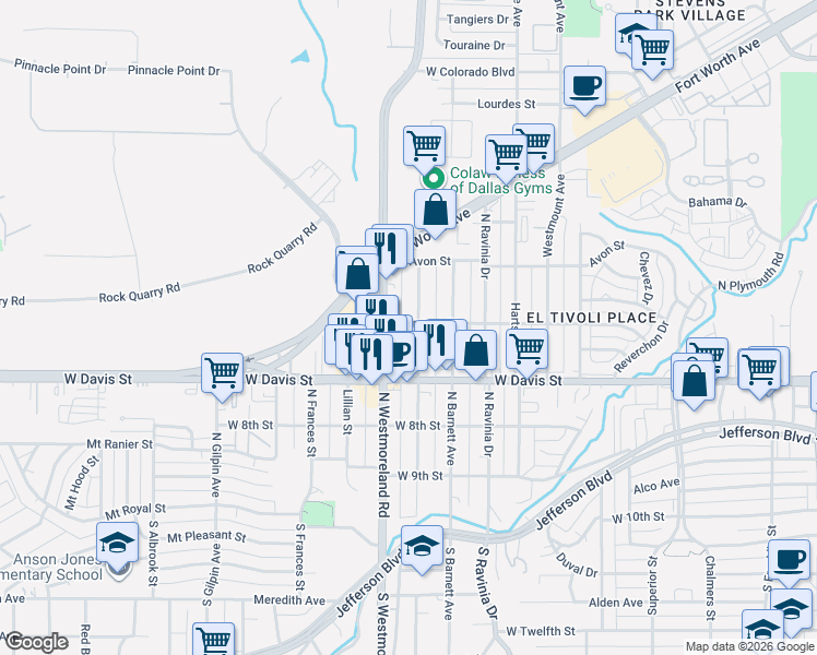 map of restaurants, bars, coffee shops, grocery stores, and more near 715 North Jester Avenue in Dallas