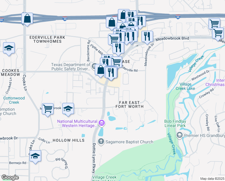 map of restaurants, bars, coffee shops, grocery stores, and more near 8362 Ranch Lane in Fort Worth