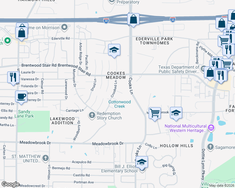 map of restaurants, bars, coffee shops, grocery stores, and more near 7811 Laver Court in Fort Worth