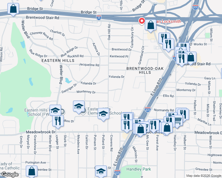 map of restaurants, bars, coffee shops, grocery stores, and more near 6204 Monterrey Drive in Fort Worth