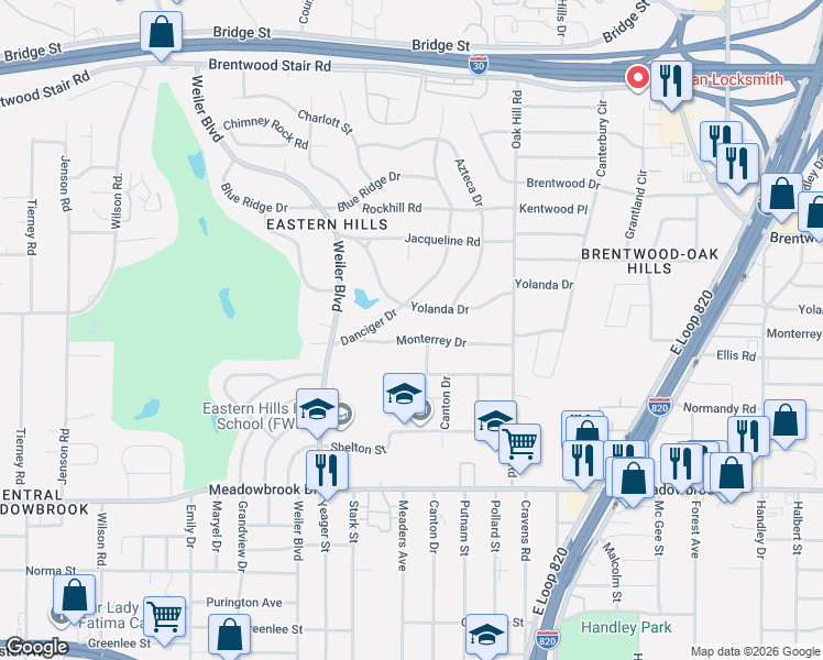 map of restaurants, bars, coffee shops, grocery stores, and more near 5801 Monterrey Drive in Fort Worth