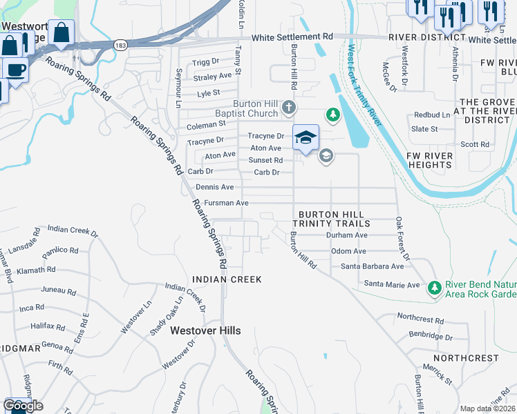 map of restaurants, bars, coffee shops, grocery stores, and more near 5733 Fursman Avenue in Fort Worth