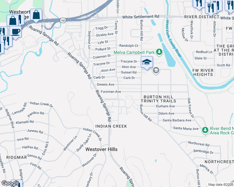 map of restaurants, bars, coffee shops, grocery stores, and more near 5800 Volder Drive in Fort Worth