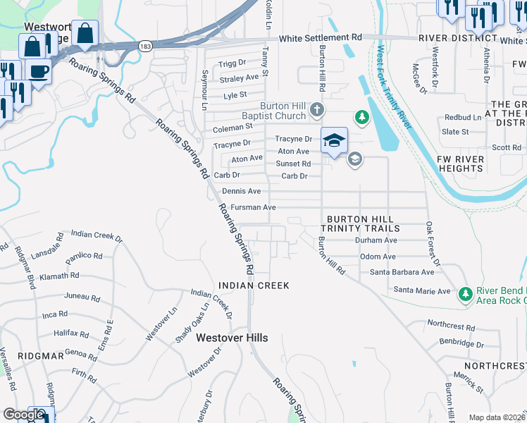 map of restaurants, bars, coffee shops, grocery stores, and more near 5800 Volder Drive in Fort Worth
