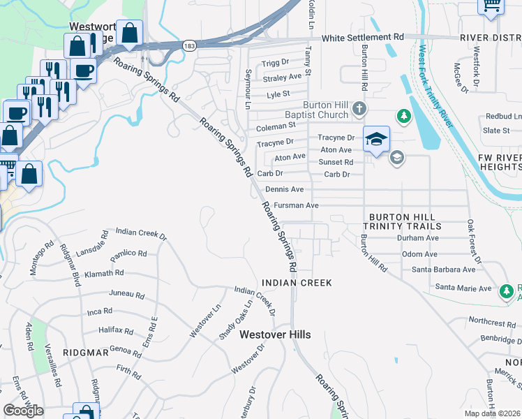 map of restaurants, bars, coffee shops, grocery stores, and more near 712 Roaring Springs Road in Fort Worth