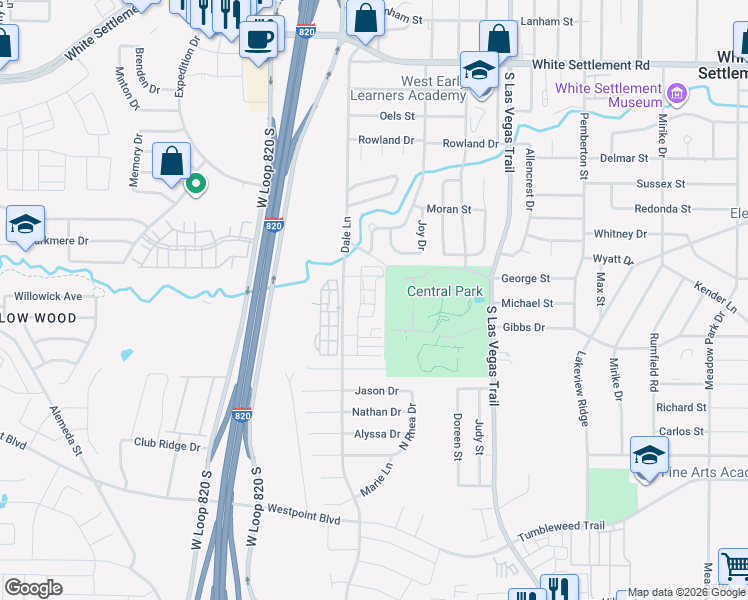 map of restaurants, bars, coffee shops, grocery stores, and more near 8632 Gibbs Drive in White Settlement