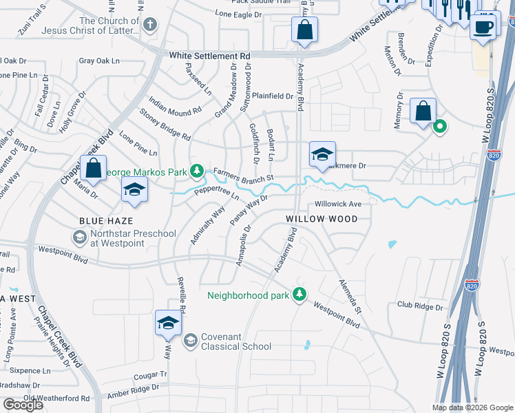 map of restaurants, bars, coffee shops, grocery stores, and more near 549 Panay Way Drive in Fort Worth