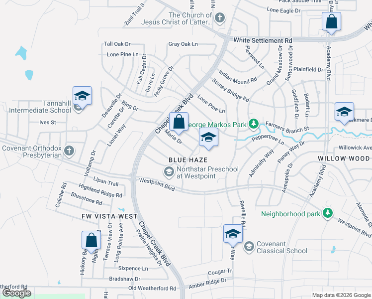 map of restaurants, bars, coffee shops, grocery stores, and more near 10201 Maria Drive in Fort Worth