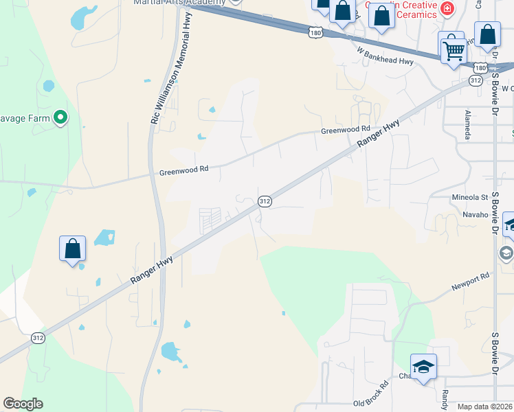 map of restaurants, bars, coffee shops, grocery stores, and more near 1540 Ranger Highway in Weatherford