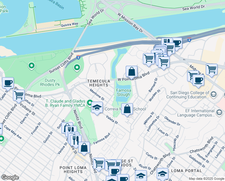 map of restaurants, bars, coffee shops, grocery stores, and more near 2818 Camulos Street in San Diego